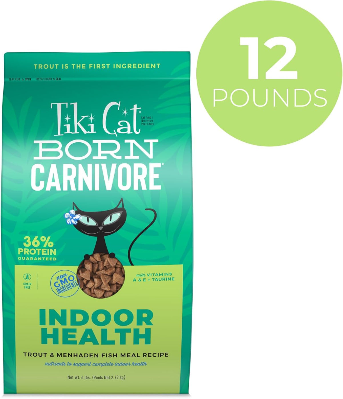 Tiki Cat Born Carnivore Indoor Health, Trout & Menhaden Fish Meal, Grain-Free Baked Kibble to