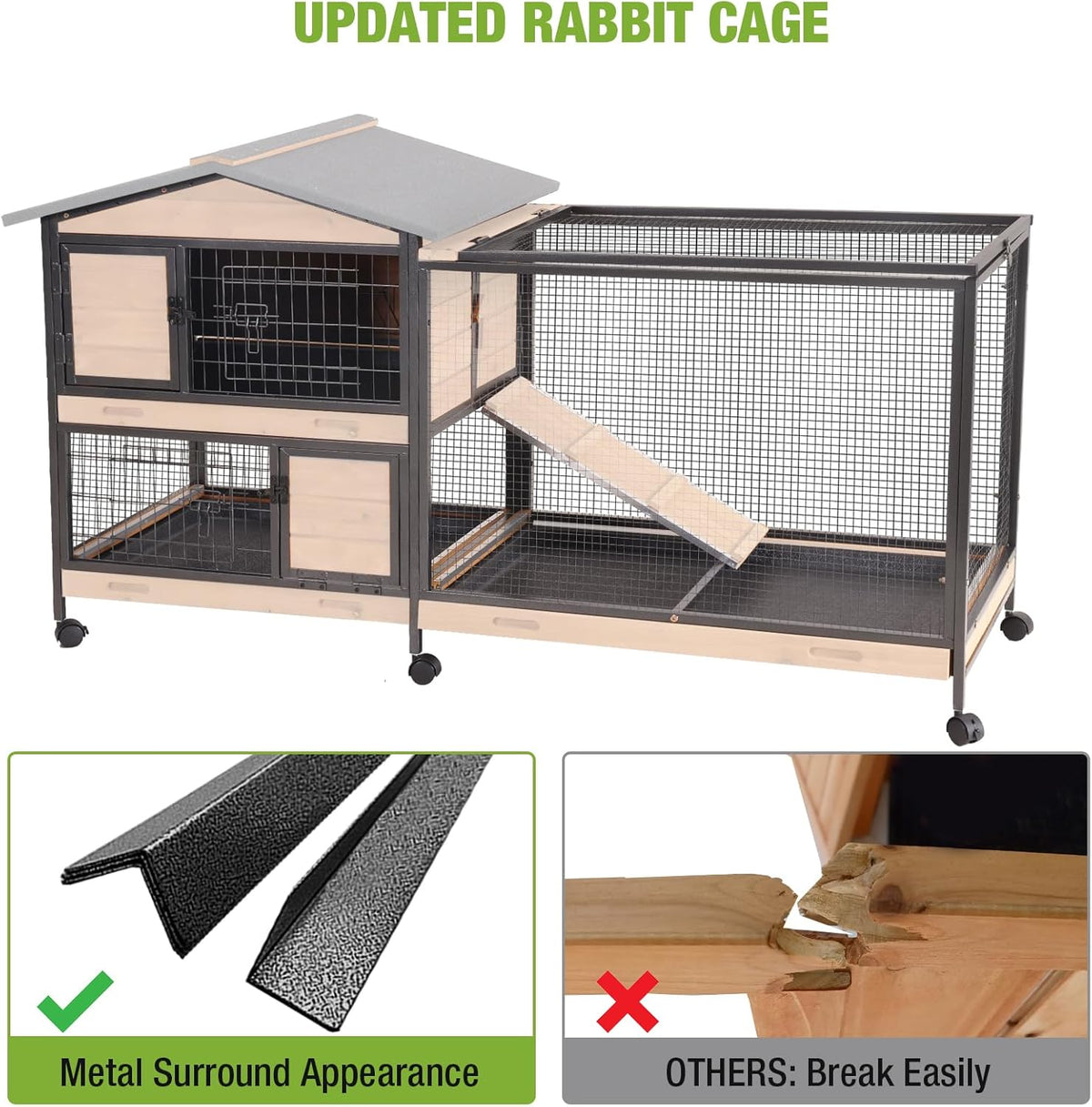 GUTINNEEN Rabbit Hutch Outdoor with Metal Surround Indoor Rabbit Cage with Wheels Bunny Cage Large
