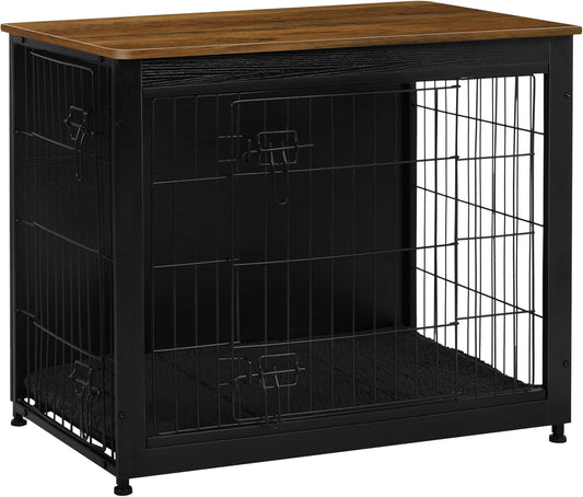 DWANTON Dog Crate Furniture with Cushion, Wooden Kennel Table with Double Doors, Indoor Dog House