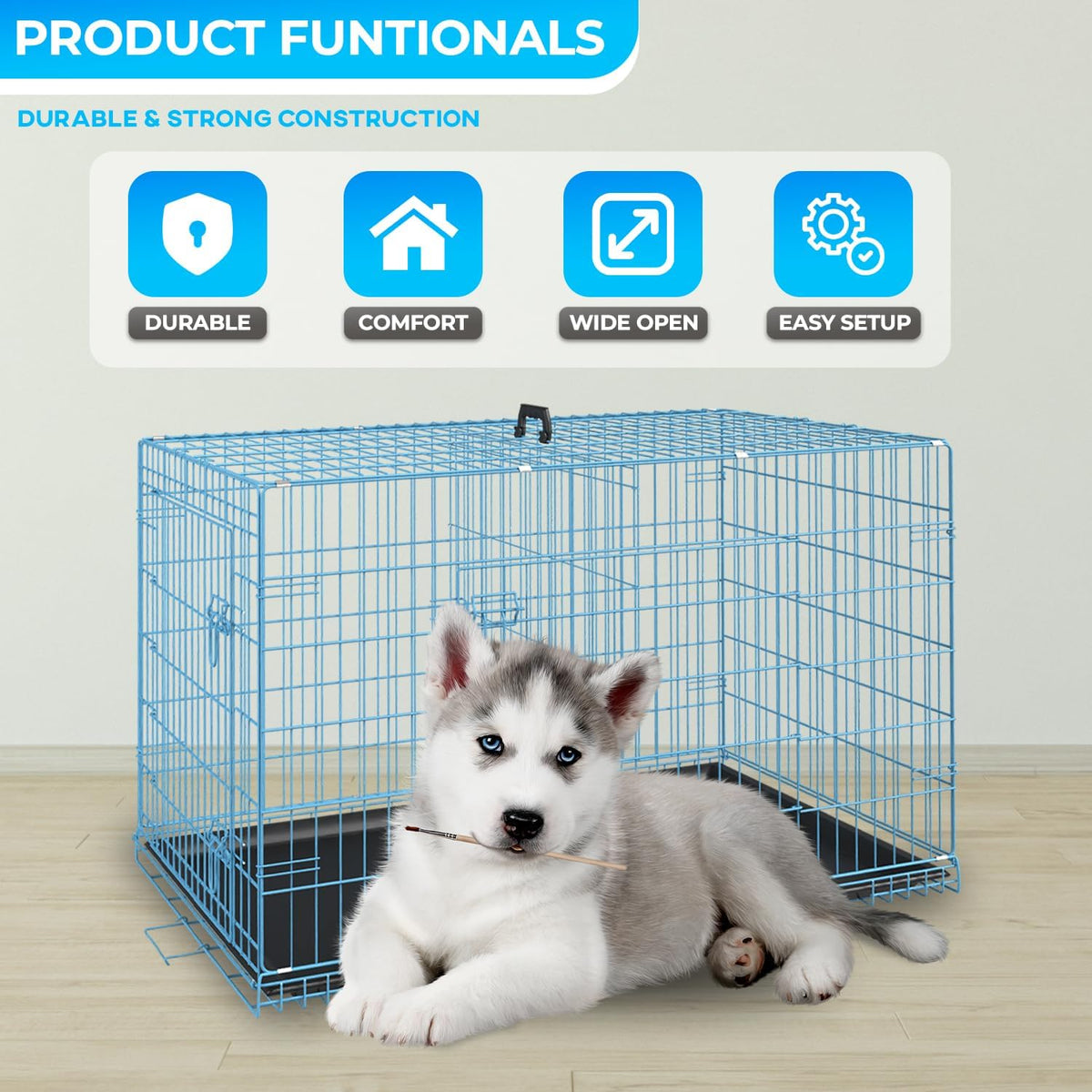 FDW Dog Crate for Medium Dogs 30 Inch Folding Metal WirePet Cage Double Door W/Divider Panel Indoor