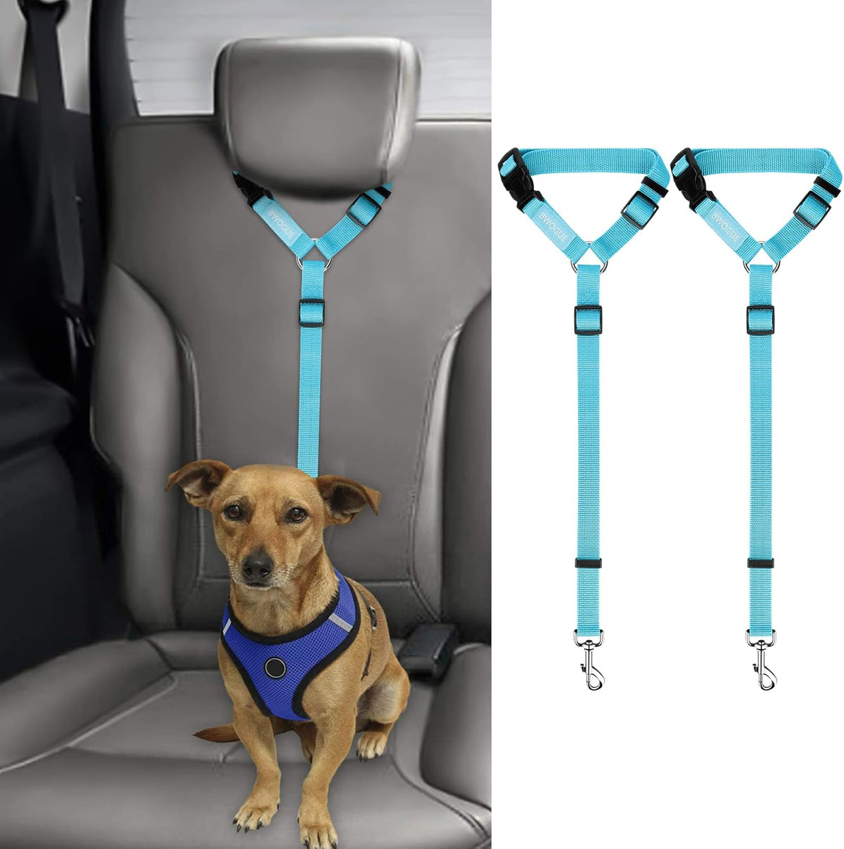 BWOGUE 2 Packs Dog Cat Safety Seat Belt Strap Car Headrest Restraint Adjustable Nylon Fabric Dog