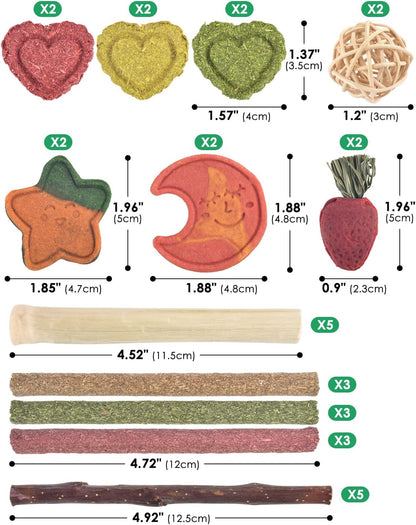 ERKOON 33PCS Bunny Chew Toys for Rabbits Teeth, Natural Rabbit Toys Apple Wood Sticks, Carrot