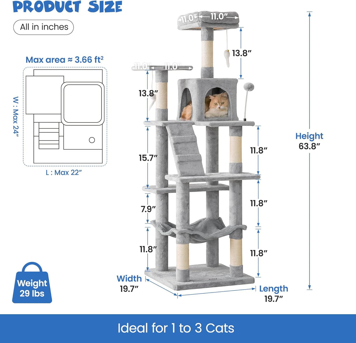 MWPO 63.8 inches Multi-Level Cat Tree for Large Cats with Sisal-Covered Scratching Posts, Padded