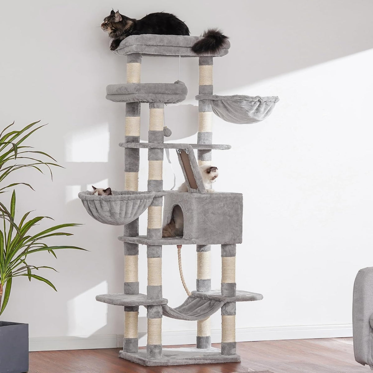 Heybly Cat Tree, 68 inch Multi-Level Cat Tower for Indoor Cats, 2 Widened Plush Perches Cat Condo