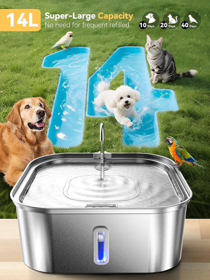 Large Dog Water Fountain 14L/3.7Gal, Stainless Steel Pet Fountain for Large Dogs and Multi-Pets