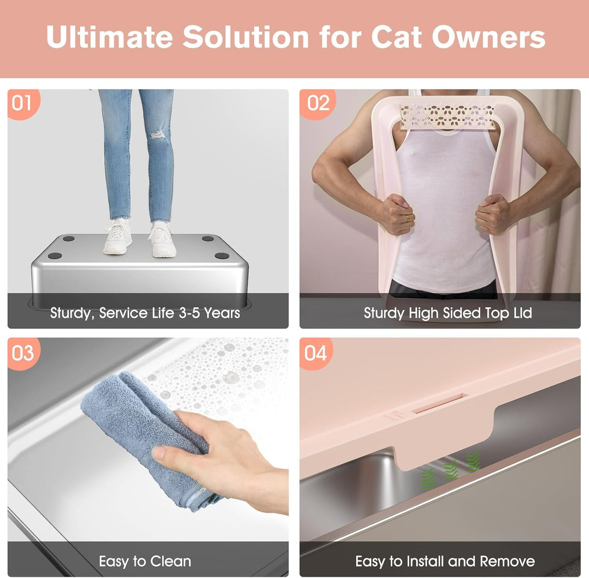 2PACK Stainless Steel Cat Litter Box with High Sides Lid, XL Litter Box for Big Multiple Cats