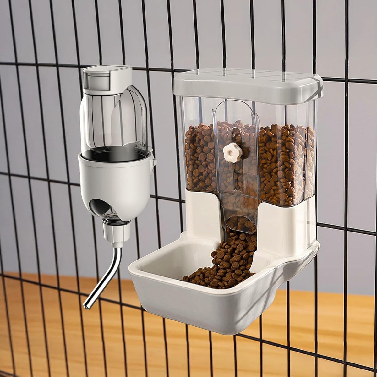 Automatic Pet Food Water Dispenser, Auto Gravity Pet Feeder Water Bottle Set for Crate Cage