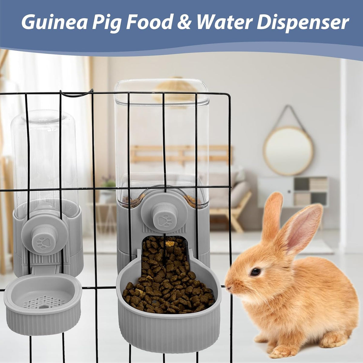 Fhiny Rabbit Food & Water Dispenser, Large Capacity Gravity Guinea Pig Feeder and Waterer Set