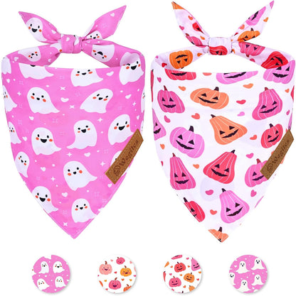 2 Pack Halloween Dog Bandanas,Leather Brand Logo, Double-Layed Soft Skin-Friendly Fabric, Autumn