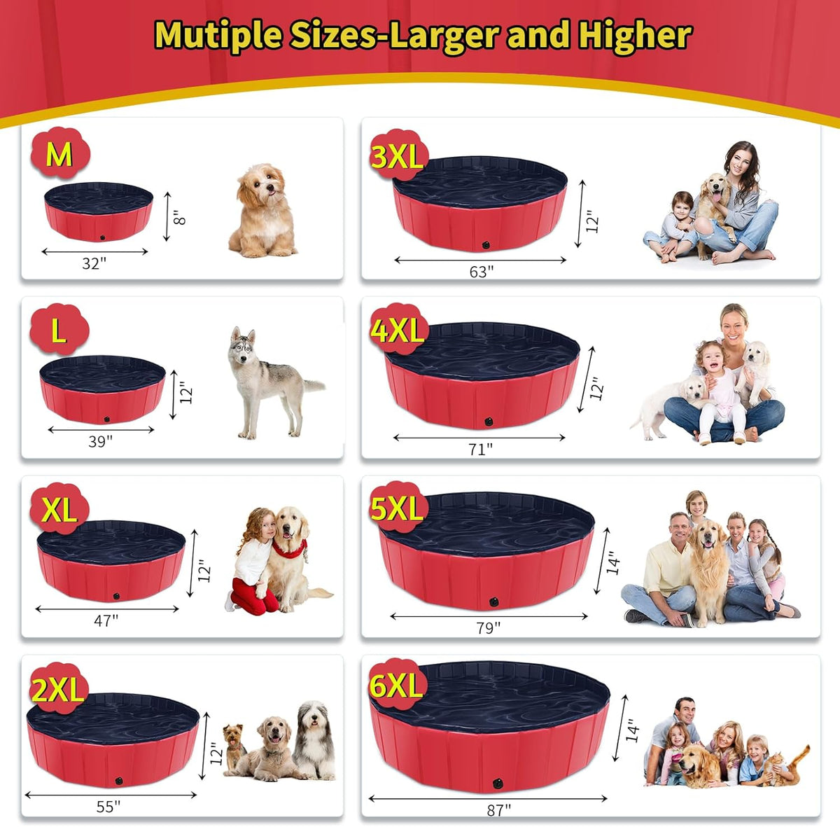 Foldable Dog Pool, 47" x 12" Kiddie Pool with Hard Plastic, Non-Slip Dog Bath Tub for Outdoor
