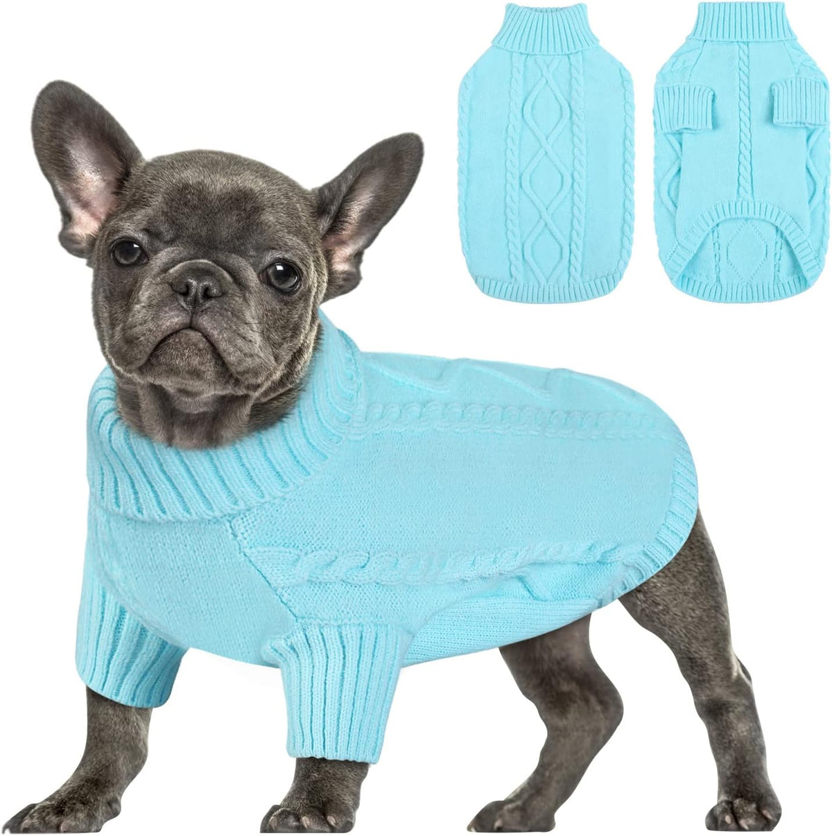 Queenmore Small Dog Pullover Sweater, Cold Weather Cable Knitwear, Classic Turtleneck Thick Warm