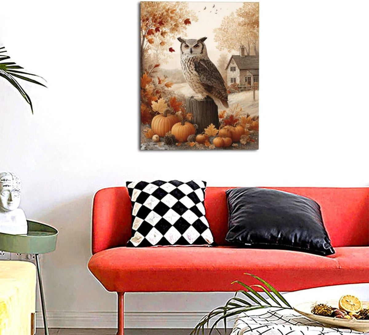 Fall Owl Wall Art Autumn Pumpkin Leaves Wall Decor Rustic Canvas Print Farmhouse Pictures Painting