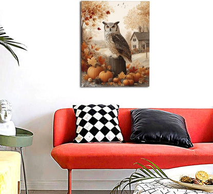Fall Owl Wall Art Autumn Pumpkin Leaves Wall Decor Rustic Canvas Print Farmhouse Pictures Painting