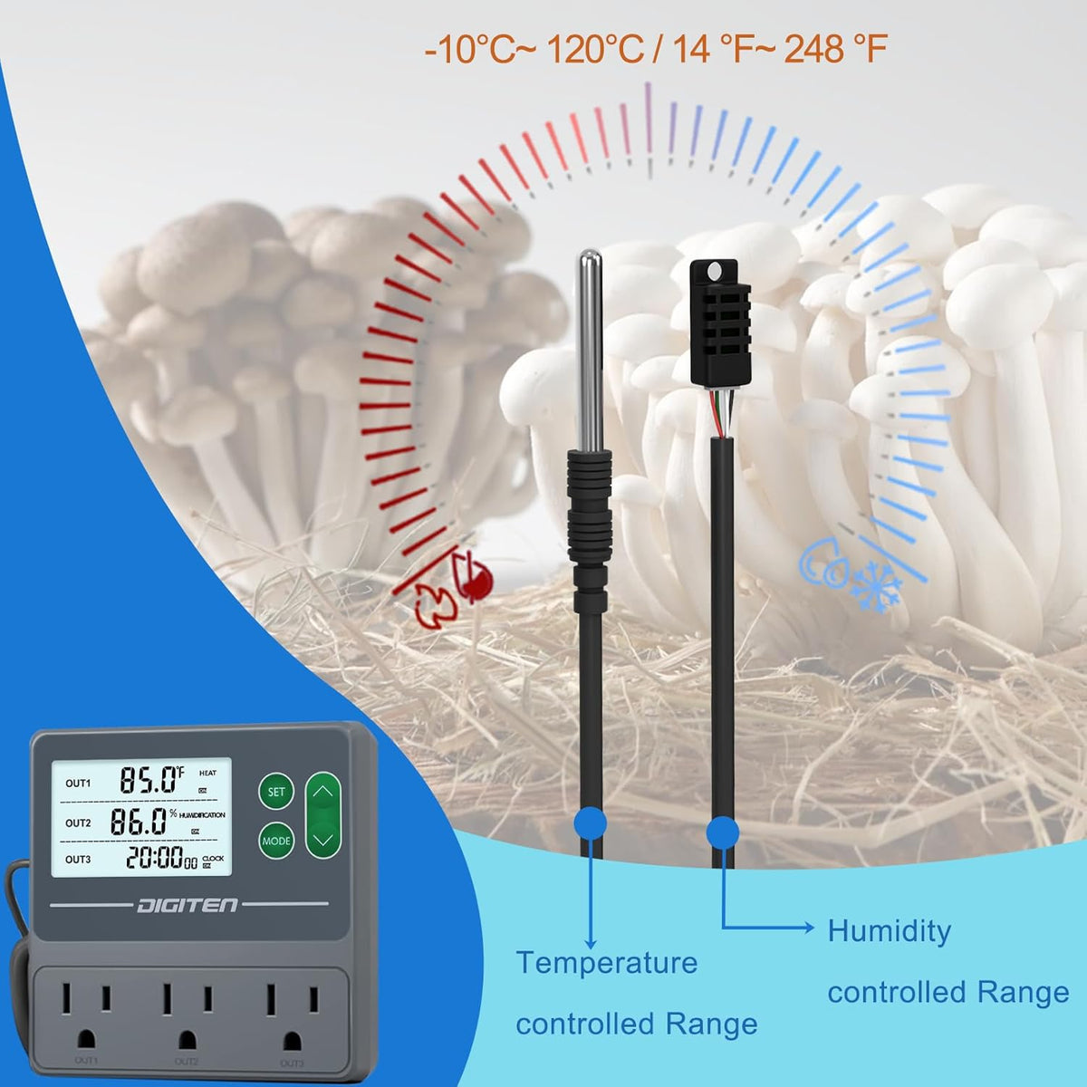 DIGITEN Temperature and Humidity Controller with Timer - 3 Outlet, 2 Separate Probes, Plug in