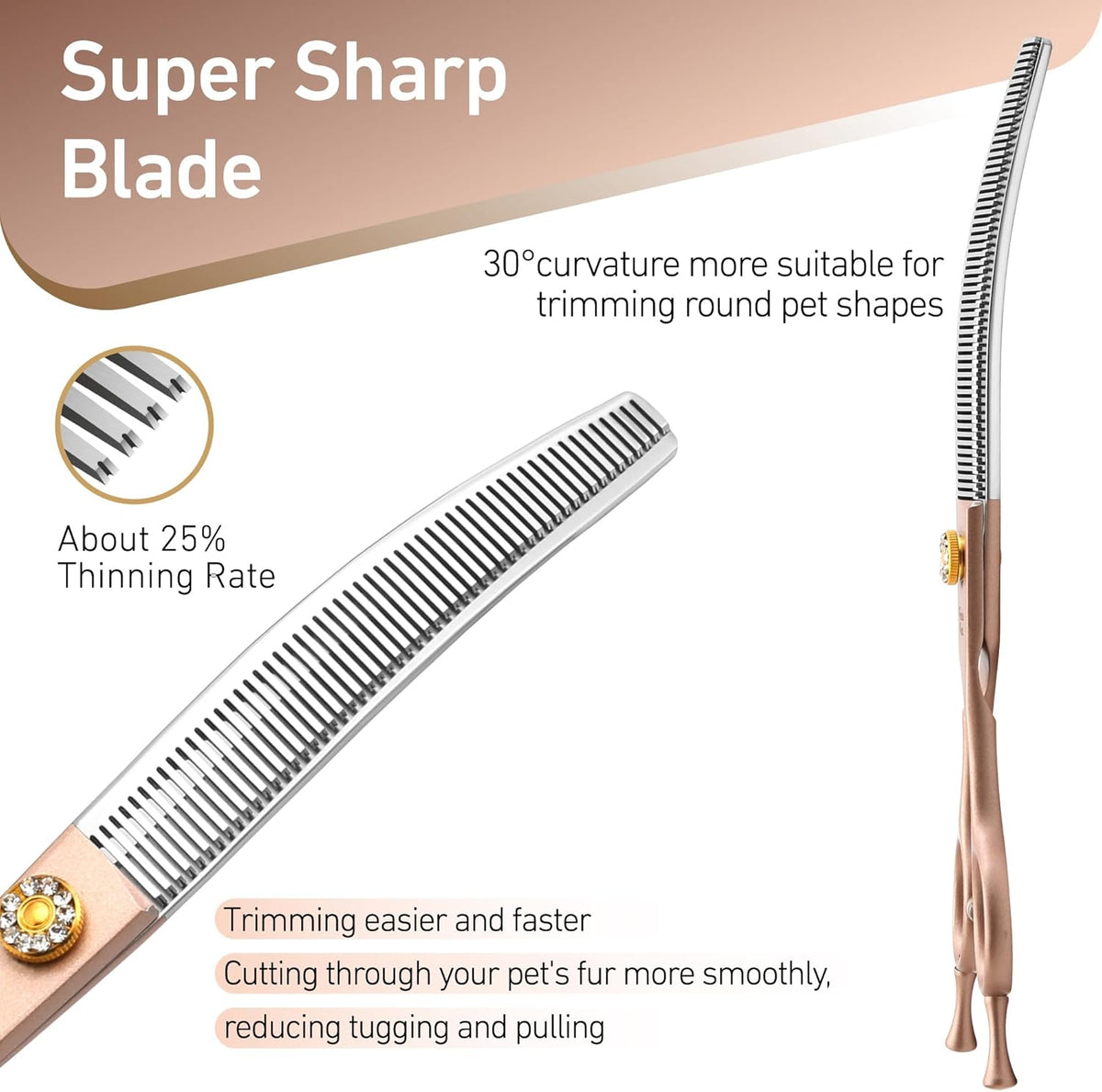 Fenice Peak Professional Curved Thinner Dog Grooming Scissors 7.0'' Rose Gold Thinning Shears