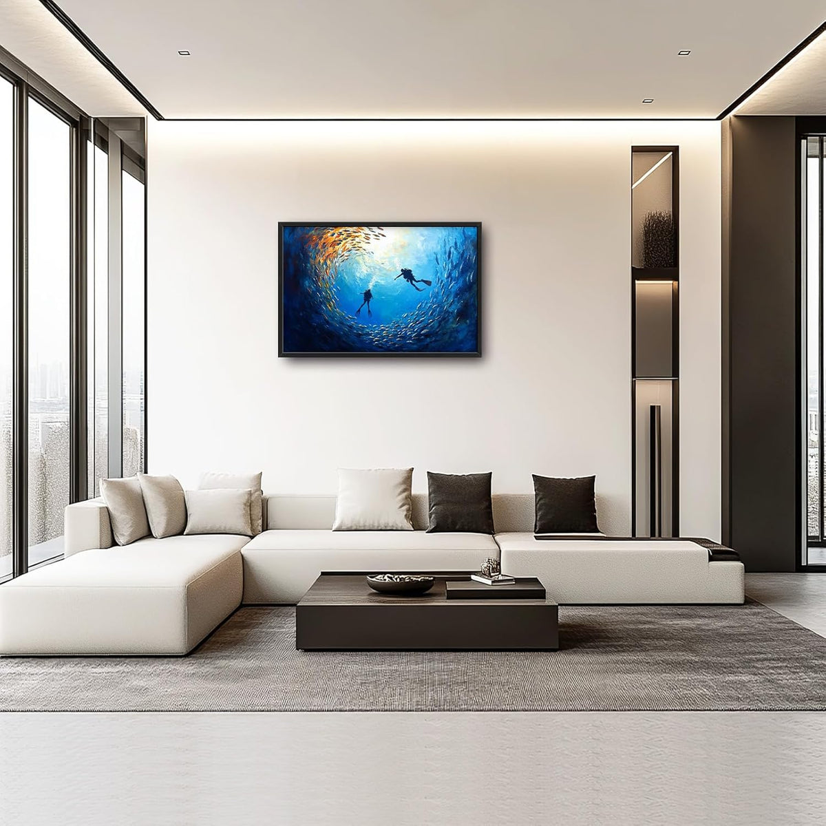 Large Ocean Diving Wall Art for Living Room, Framed Oversized Fish Wall Decor Underwater Marine