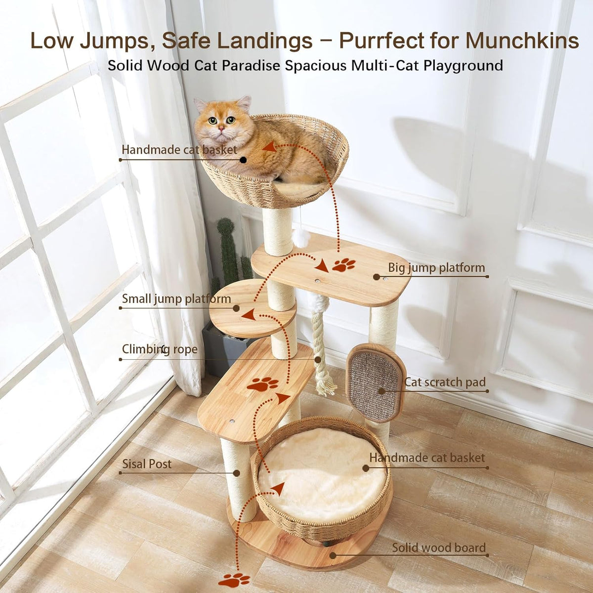 Wooden Cat Tree for Large Cat, 49.6-Inch Tall Cat Tower with Scratching Post for Indoor Cats