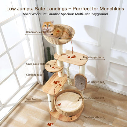 Wooden Cat Tree for Large Cat, 49.6-Inch Tall Cat Tower with Scratching Post for Indoor Cats