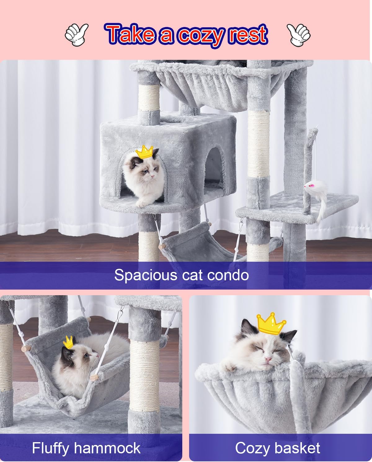 Cat Tree, Cat Tower for Large Cats with 2 Big Platforms, 2 Baskets, condo and Toys, 63" Cat