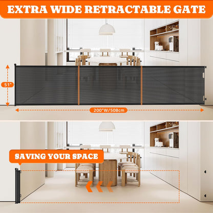 Extra Tall Retractable Baby Gates: 51" Tall Pet Gate, Extend up to 200" Wide, Mesh Baby Gate with