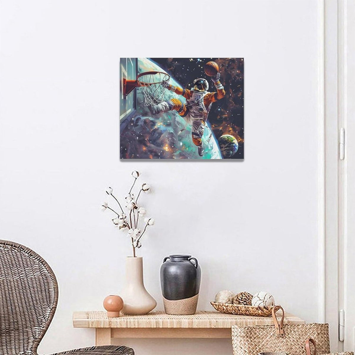Quorin Astronaut Wall Art Funny Spaceman Basketball Pictures Space Galaxy Planet Wall Decor Canvas