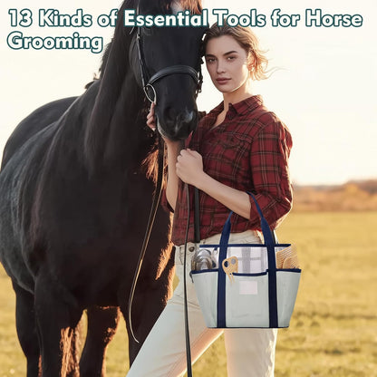 Horse Grooming Kit for Bathing, 13Pcs Horse-Brush Set with Mesh Bag, Shower Brushes, Braiding and
