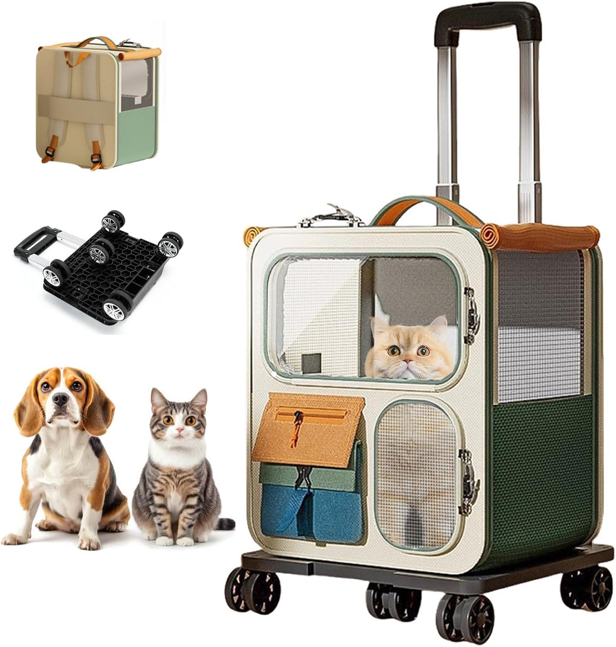 Cat Carrier with Wheels, Soft Rolling Pets Carrier Collapsible on Wheel Pet Handbag Cats Backpack