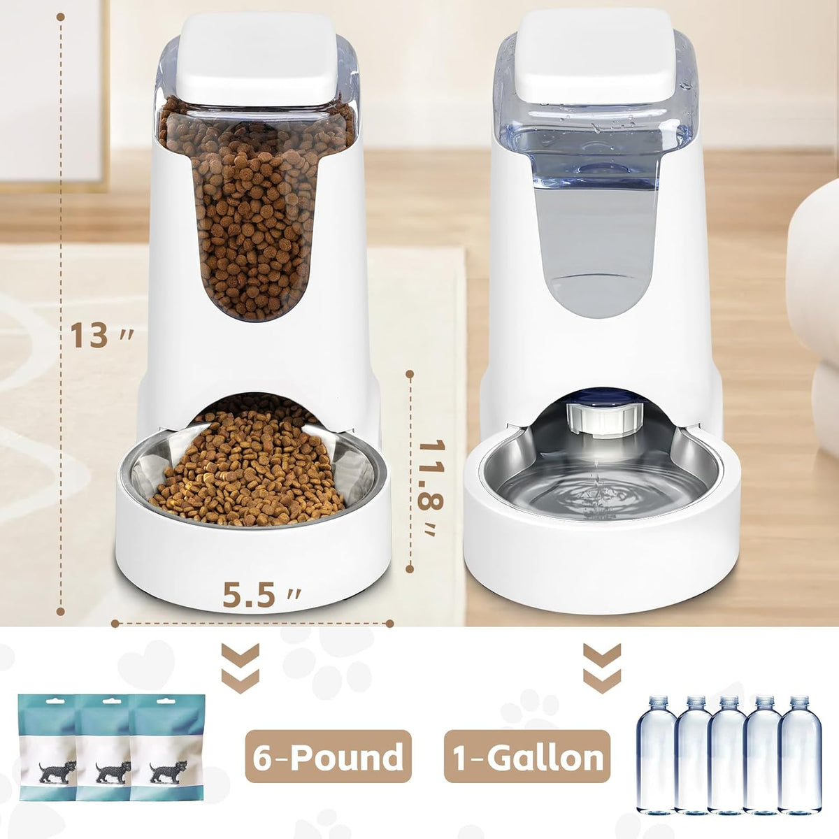 Automatic Cat Feeder and Water Dispenser with Stainless Steel Bowl Dog Gravity Food Feeder and