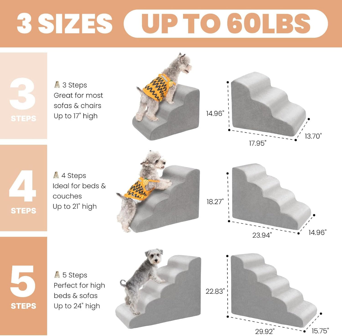 MEWANG Dog Stairs for Small & Medium Dogs and Old Cats –3/4/ 5 Steps High-Density Foam Pet Ramp for