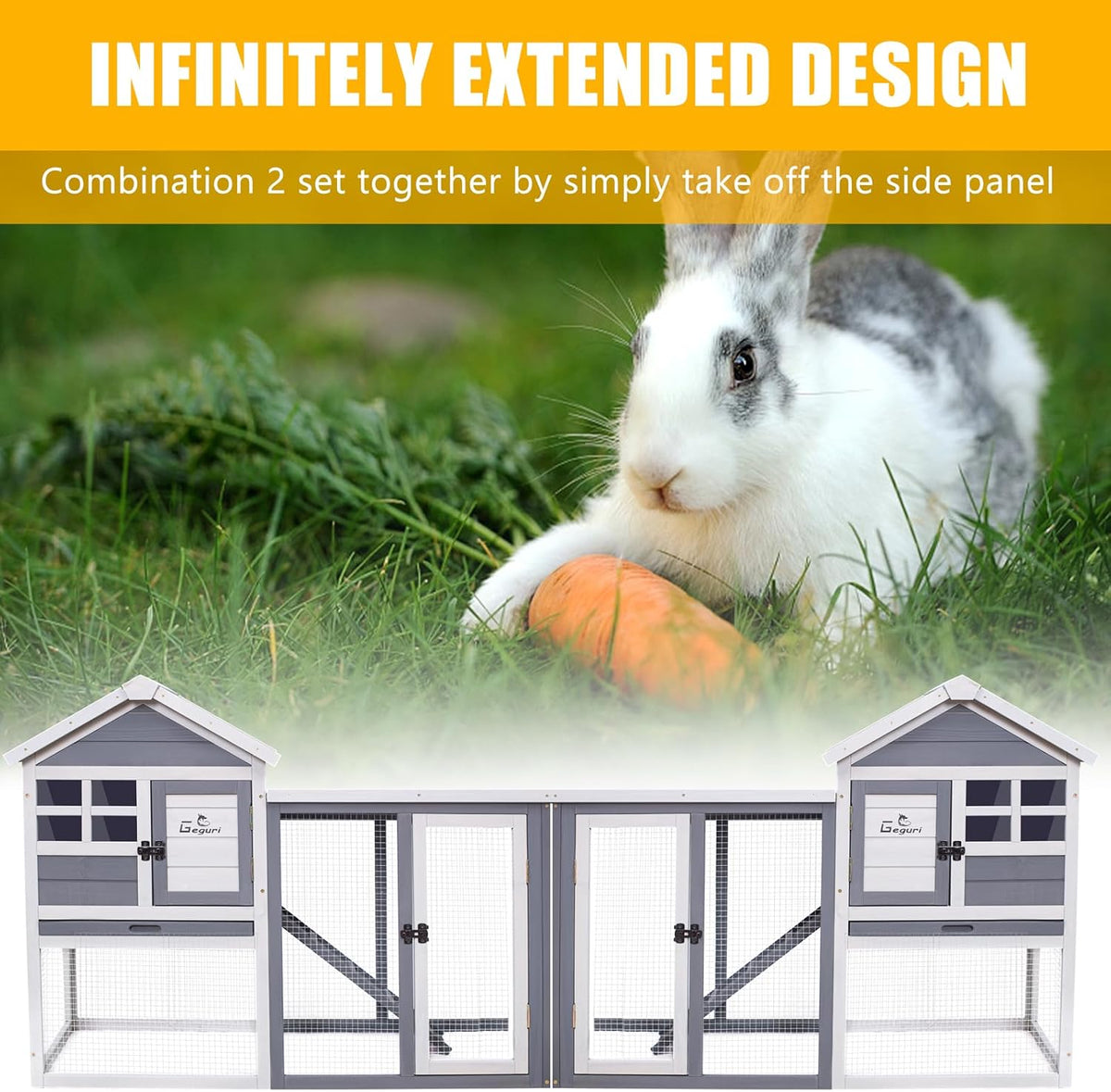 GEGURI Large Rabbit Hutch Indoor Outdoor Chicken Coop Wooden Bunny Cage with Waterproof Roof (48''L