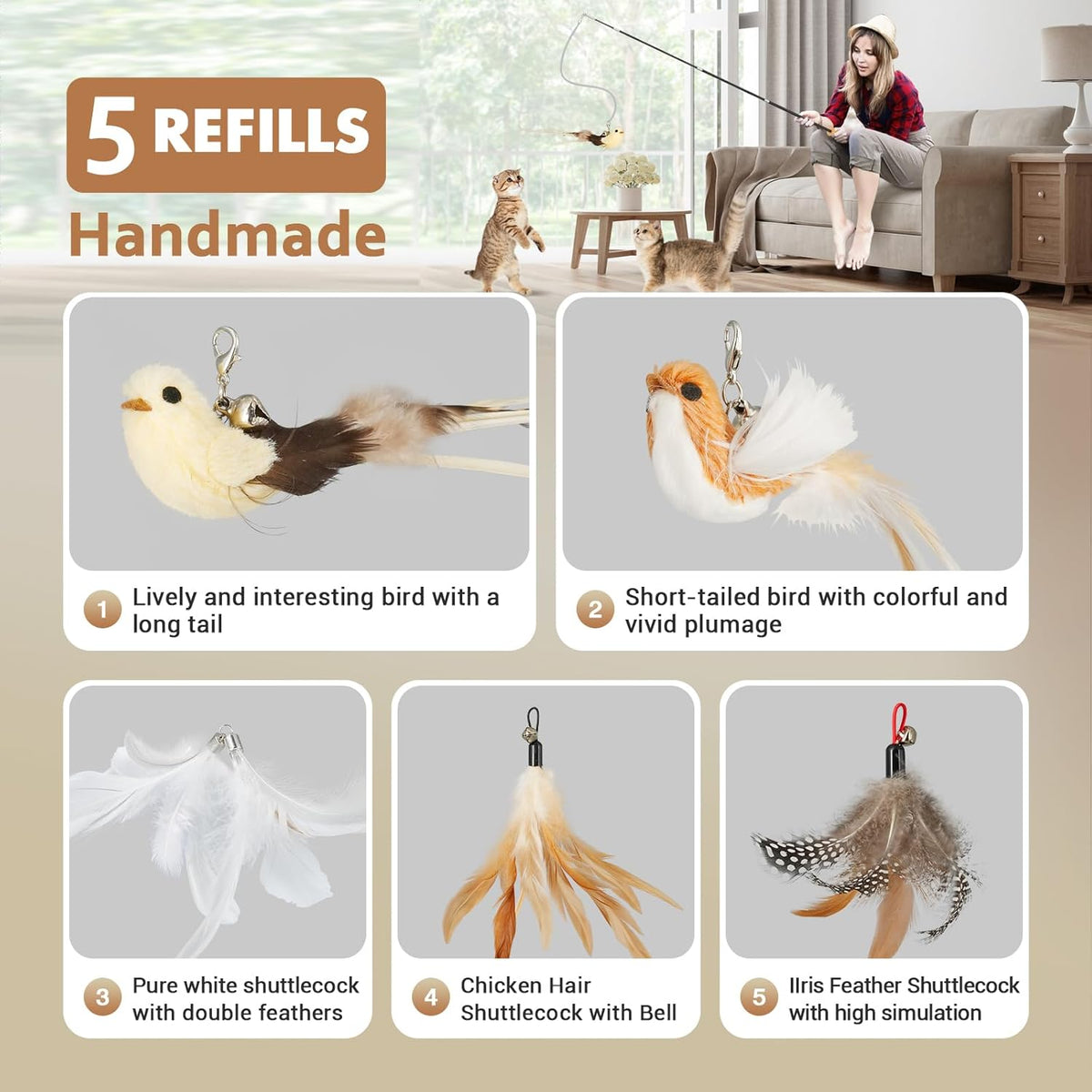 ROSAUI Cat Teaser Wand Toys, Interactive Bird Toy for Indoor Kittens, 53.15’’ Long Cat Fishing Pole