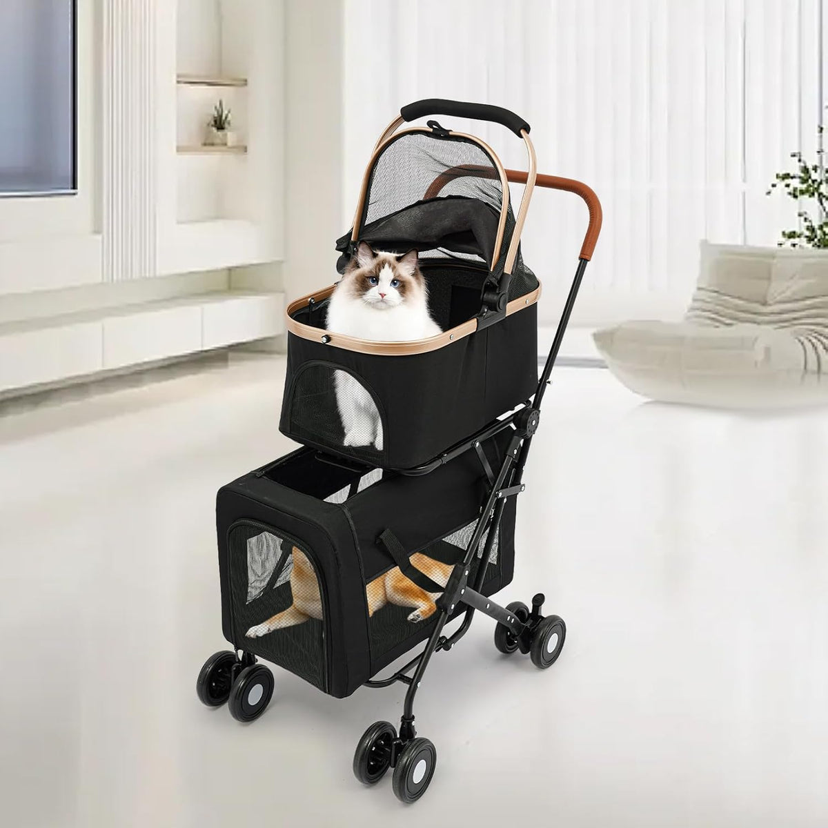 Foldable Pet Stroller for Small & Medium Dogs, Double Dog & Cat Stroller with 3-in-1 Travel System