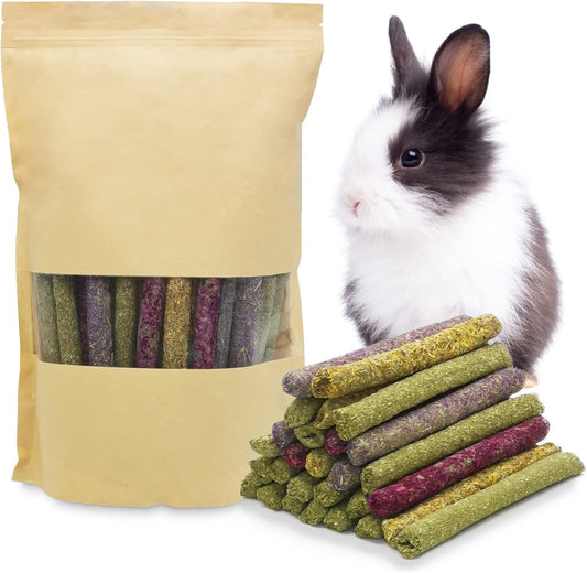 Fhiny 68 PCS Rabbit Chew Sticks, Natural Petals Timothy Hay Sticks Guinea Pig Chewing Toys for