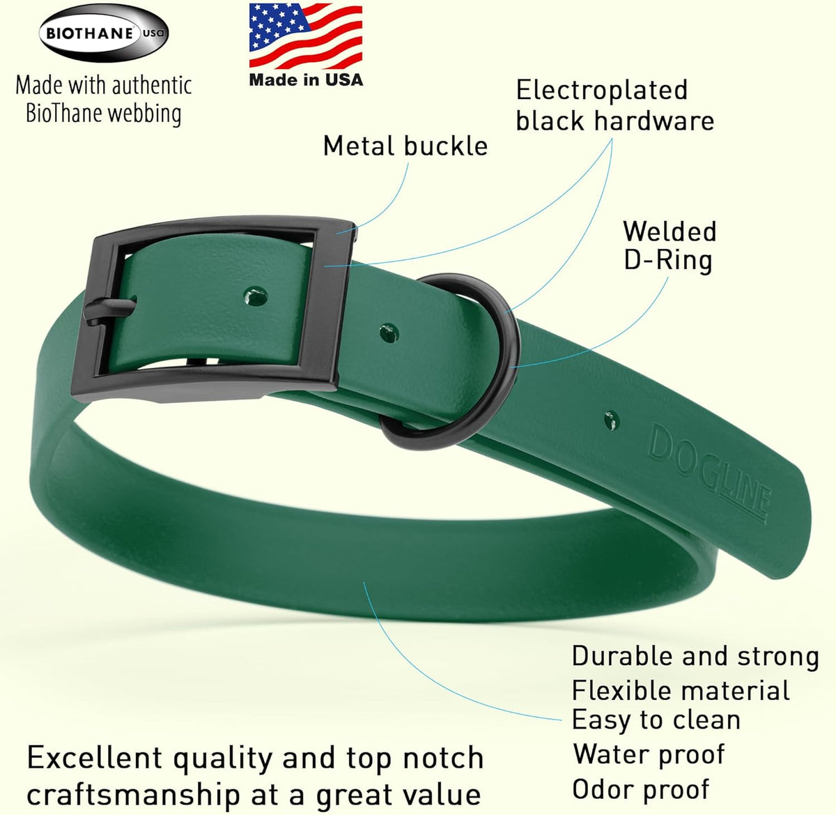 Dogline Biothane Waterproof Dog Collar Strong Coated Nylon Webbing with Black Hardware Odor- Proof