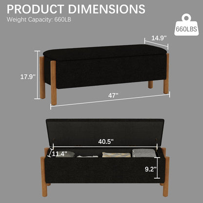 Modern Storage Benches with Walnut Wood Legs, 47'' Ottoman Bench with 20 Gallons Storage Space for