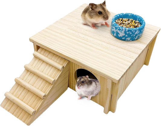 Wooden Hamster Hideout Gerbil House with Climbing Ladder and Window Habitats Decor Detachable