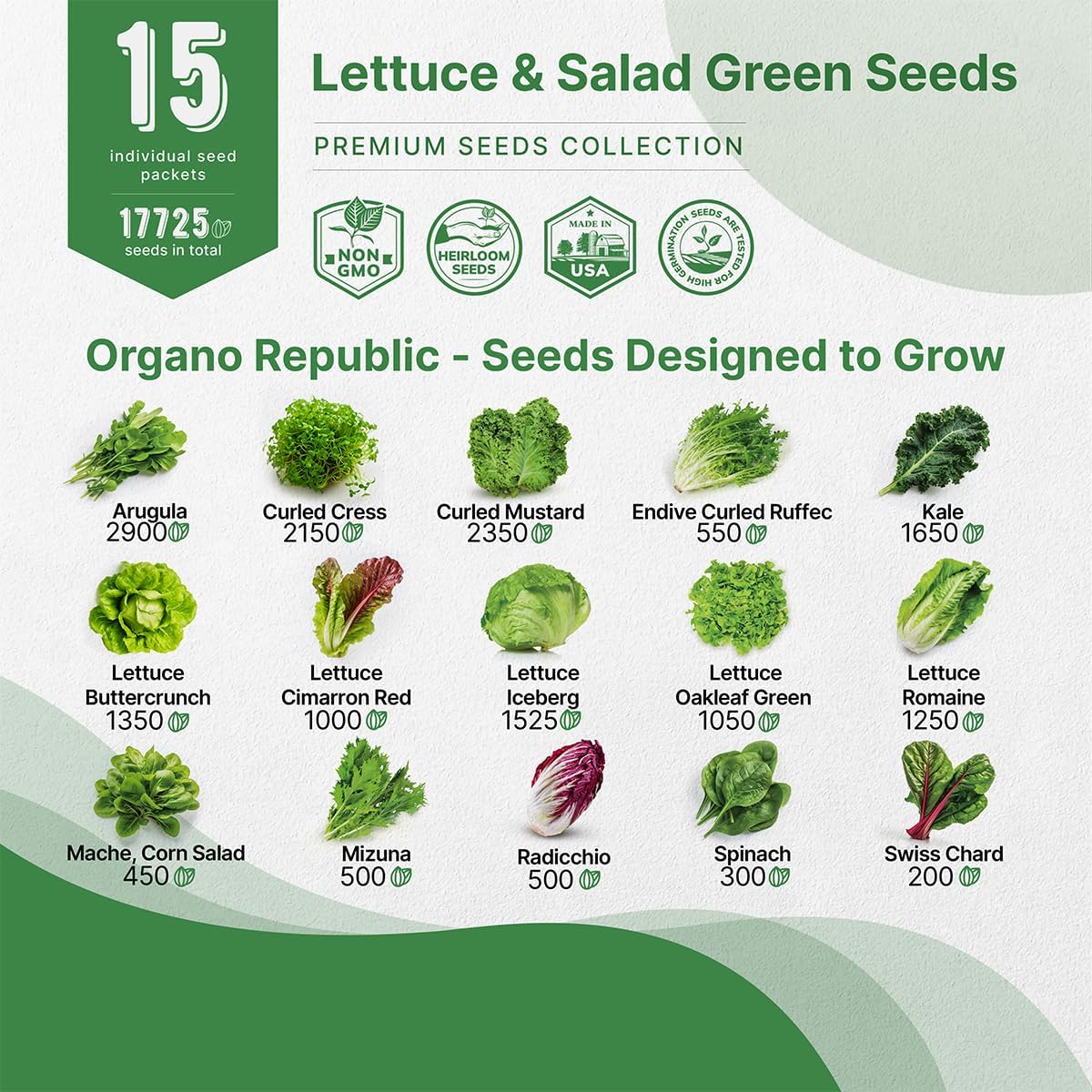 Organo Republic 15 Lettuce & Salad Greens Seeds Variety Pack 17700+ Non-GMO Heirloom Lettuce Seeds