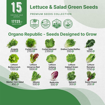 Organo Republic 15 Lettuce & Salad Greens Seeds Variety Pack 17700+ Non-GMO Heirloom Lettuce Seeds