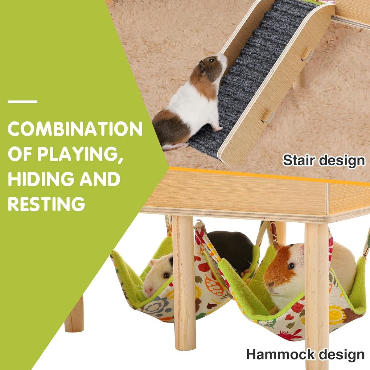 MEWTOGO Guinea Pigs Hammock with Platform, Wooden Guinea Pig Hideout with Stairs, Safe and Durable