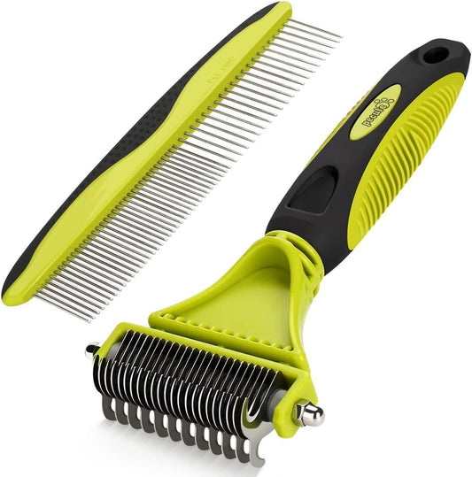 Pecute Pet Dematting Tool 2 Pack - Double Sided Undercoat Rake & Dematting Comb for Detangling
