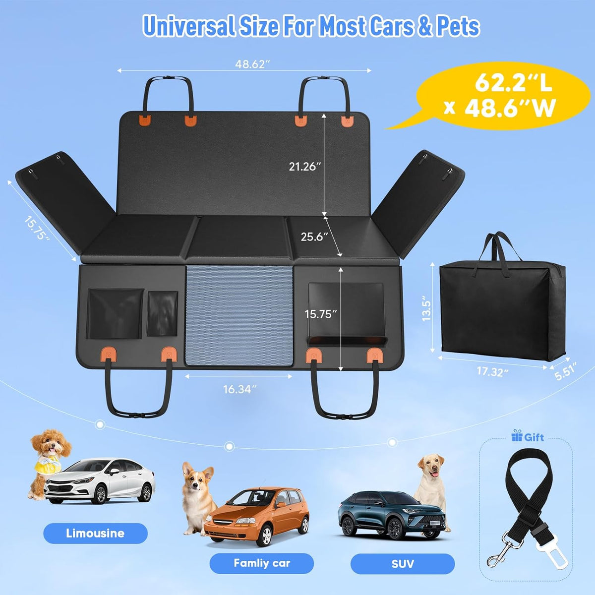 Back Seat Extender for Dogs, Dog Car Seat Cover for Back Seat with Hard Bottom,Waterproof Hammock