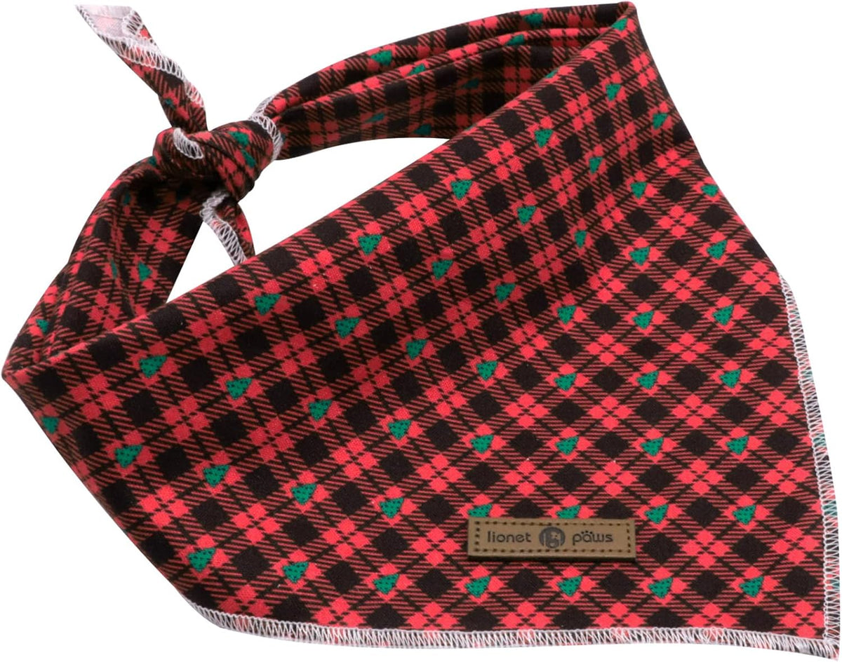 Lionet Paws Reversible Washable Cotton Dog Bandana - Red & Tree Patterns, Adjustable Square