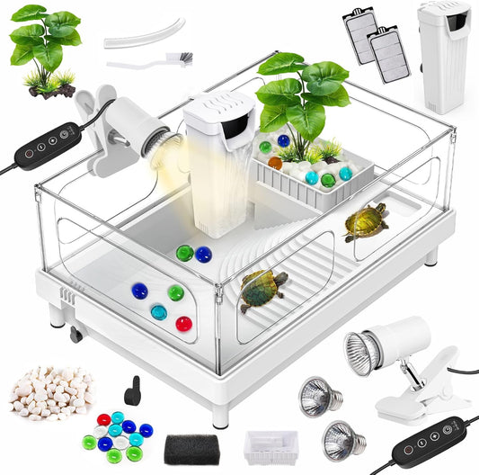 GOZILLA Small Turtle Tank Kit(Tank+Lamp+Filter), Acrylic Turtle Starter Kit with Adjustable Lamp