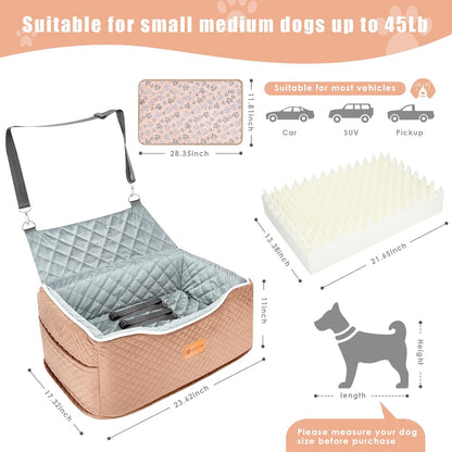 Memory Foam Booster Dog Car Seat Medium Dogs, Elevated Pet Car Seat Under 45 LBS, Detachable