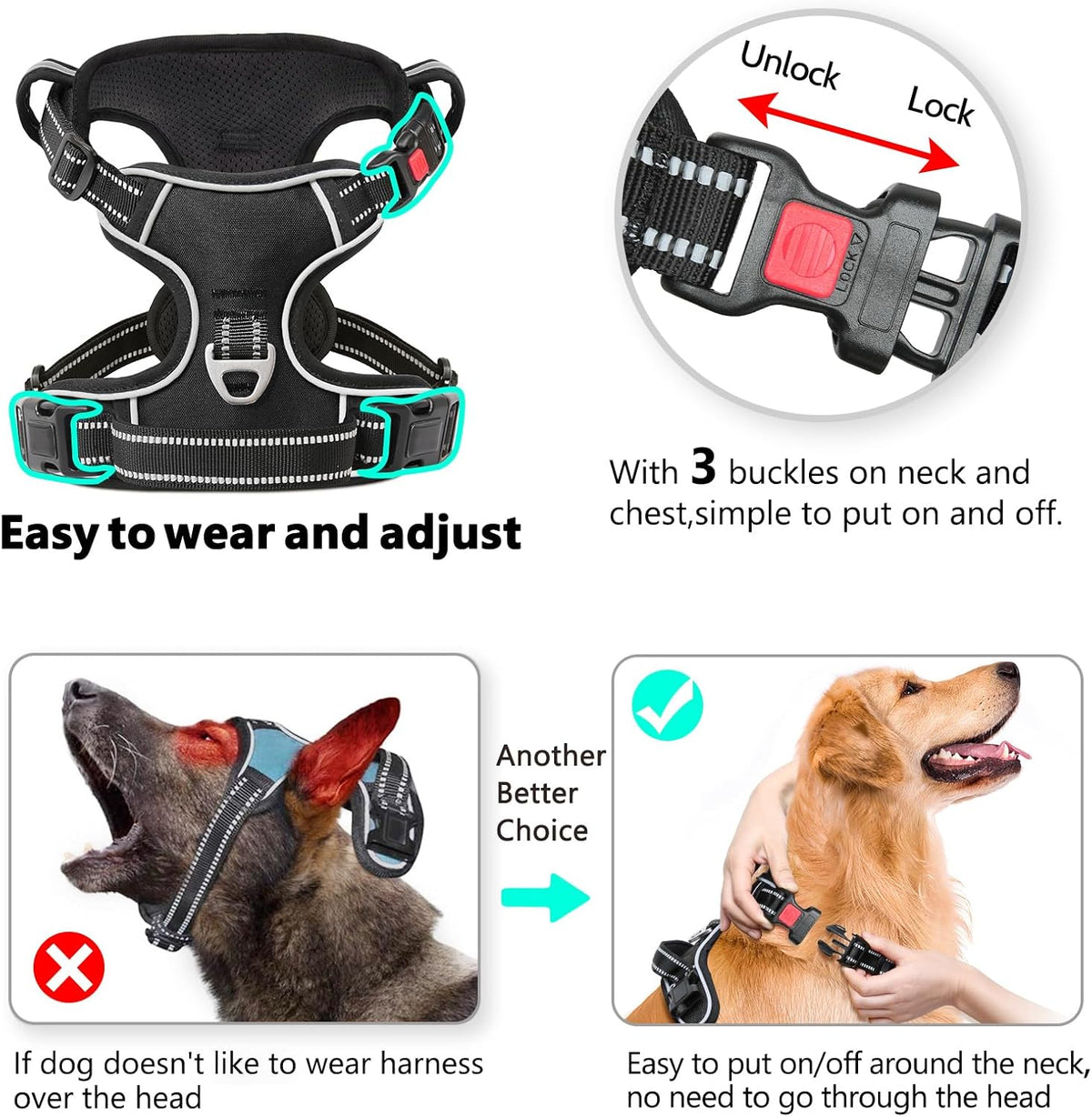 Timos No Pull Dog Harness, Release at Neck Reflective 3 Snap Buckles Adjustable No Choke Pet Vest
