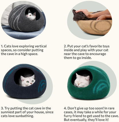 MEOWFIA Cat Cave – Premium Felt Cat Bed for Indoor Cats, Handmade 100% Merino Wool (Beige, Medium)