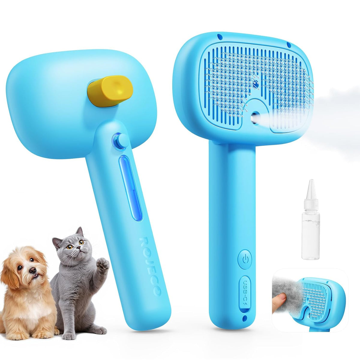 ROJECO 3-in-1 Pet Steam Brush for Cats&Dogs - Detangling Comb with Adjustable Mist, Handheld