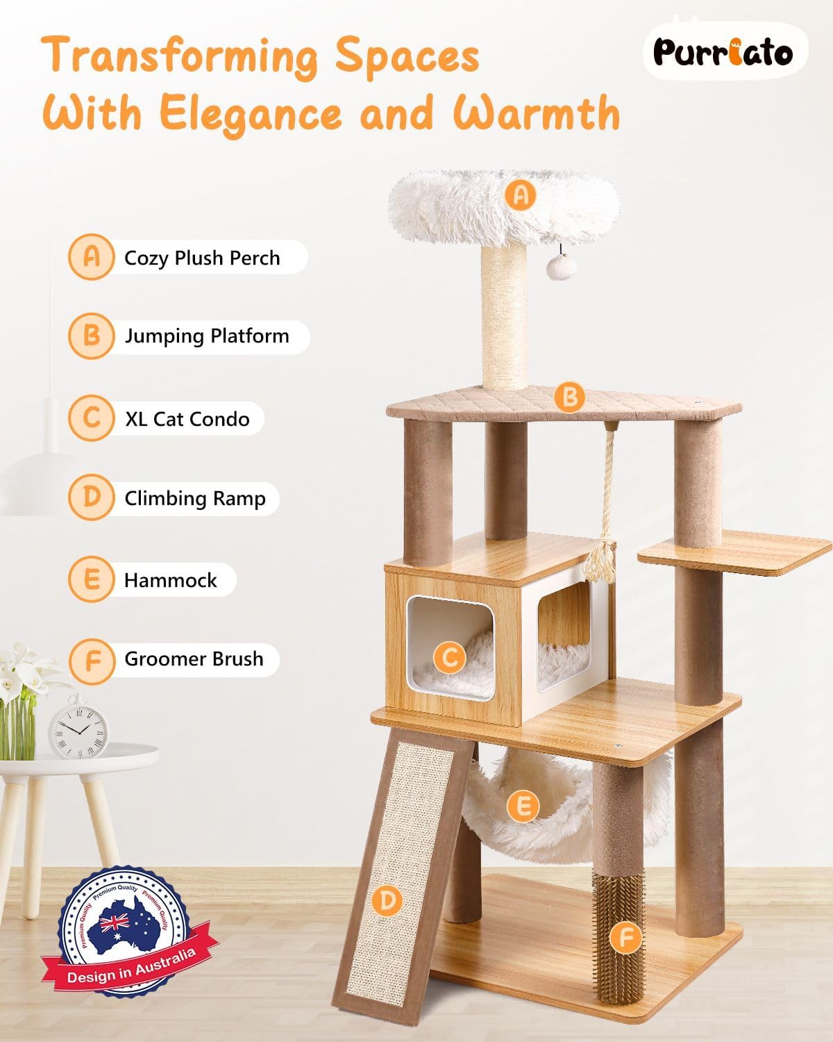 61" Wooden Cat Tree Tower for Indoor Cats, Luxury Modern Wooden Tower with XL Plush Lounge, Hammock