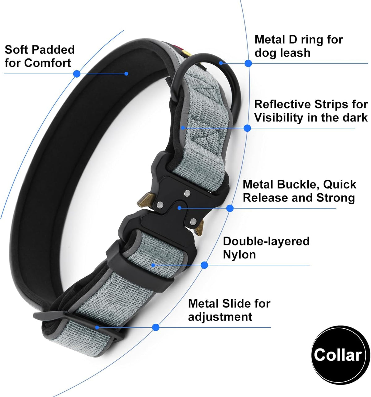 Plutus Pet Tactical Dog Collar, Reflective, Adjustable Heavy Duty Dog Collar, Soft Padded and