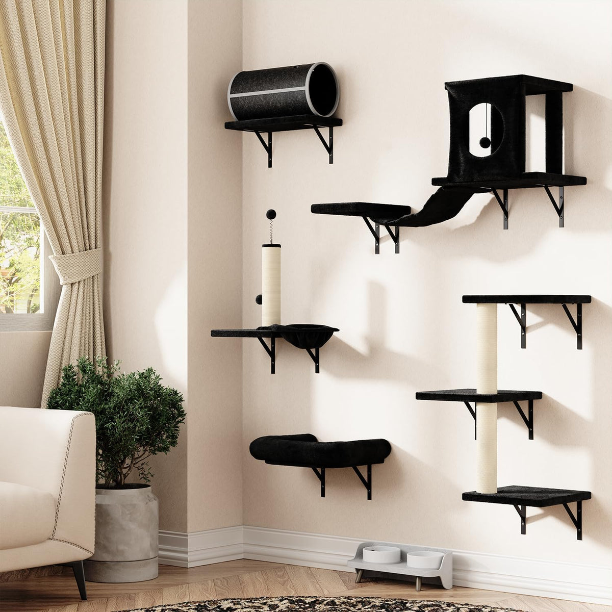 NUNU LAB 7-in-1 Wall Mounted Cat Climber Set, Cat Furniture with House, Tunnel, Bridge, Steps